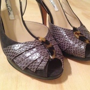 Oscar de la Renta Suede Snakeskin Peep Toe Heels